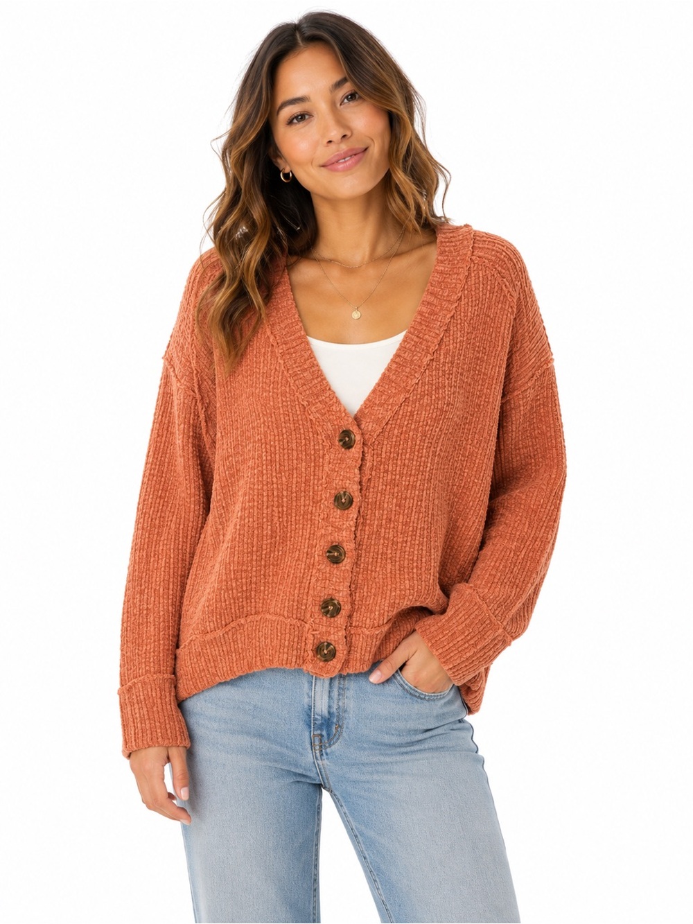 Two‎ by Vince Camuto Waffle Knit Cardigan Sweater Rust Coral Button Front Large